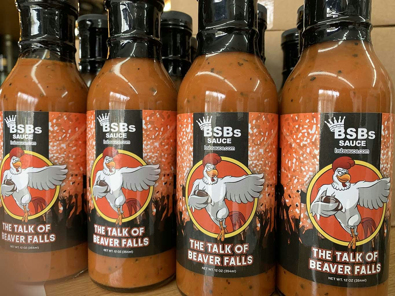 A bottle of The Talk of Beaver Falls wing sauce